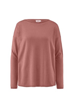 Maglione rosa a maniche lunghe con scollo ampio, vestibilità morbida, texture soffice e orlo pulito. Nessun motivo o hardware visibile.