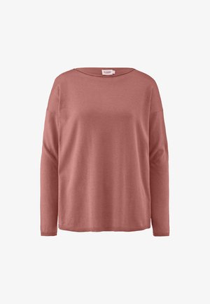 Roze lange mouwtrui met een wijd decolleté, losse pasvorm, zachte textuur en een nette zoom. Geen zichtbare patronen of hardware.