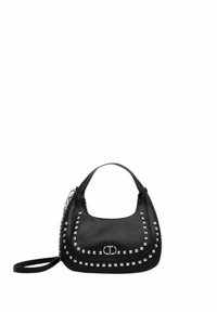 Borsa in pelle nera con borchie quadrate argentate lungo i bordi, forma curva, manici corti e tracolla removibile.