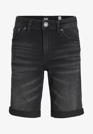 Shorts in denim nero con taglio classico, orli risvoltati, cinque tasche e chiusura con bottone. Il tessuto ha una texture liscia con leggero effetto sbiadito.