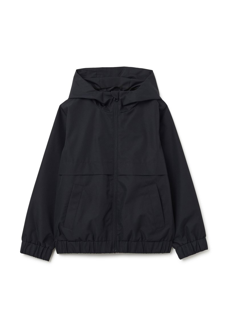 Schwarze leichte Jacke mit Kapuze, Frontreißverschluss, elastischen Bündchen und zwei Seitentaschen. Glatte Textur, minimalistisches Design.