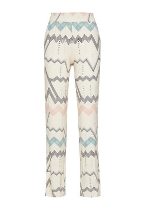 Cremefarbene Hose mit einem Zickzackmuster in Schwarz, Blau und Pink, mit hoher Taille und geradem Schnitt.
