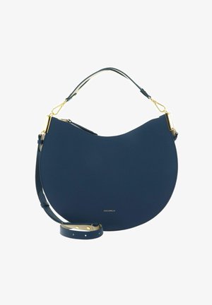 Navy blue half-moon leather handbag with short and adjustable long strap, gold hardware, and zip closure, featuring small brand logo.