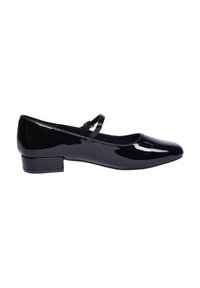 Ballerine in pelle verniciata nera con punta tonda, tacco basso a blocco e una sottile fascia sul collo del piede. Finitura liscia e lucida.