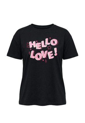 T-shirt nero a maniche corte con testo in grassetto rosa e bianco "HELLO LOVE!" e piccole stelle e scintille attorno alle lettere.