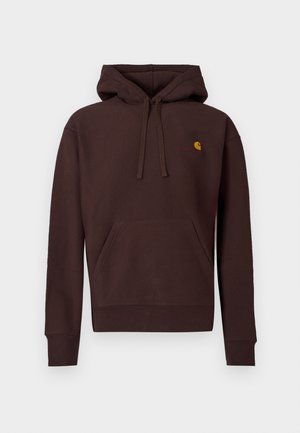 Brown hooded sweatshirt made of cotton, featuring a kangaroo pocket, ribbed cuffs, and a small embroidered logo on the chest.