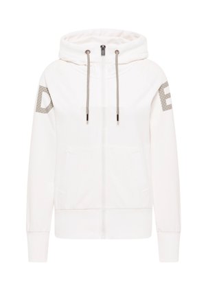 White zip-up hoodie with a drawstring hood, two front pockets, and grey textured accents featuring letters D and E on the sleeves.