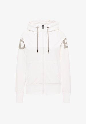 White zip-up hoodie with a drawstring hood, two front pockets, and grey textured accents featuring letters D and E on the sleeves.