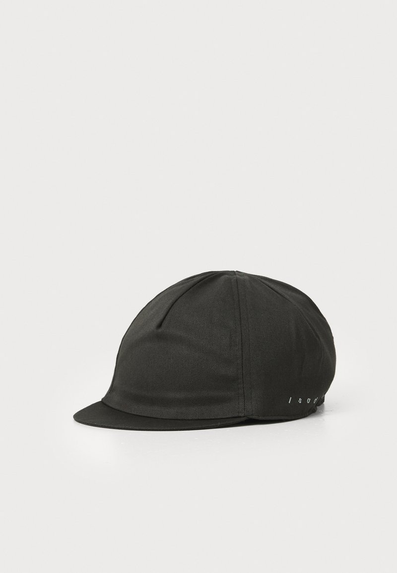 Black cap made of a smooth, fabric material with a rounded shape. Features a curved brim and subtle side branding.