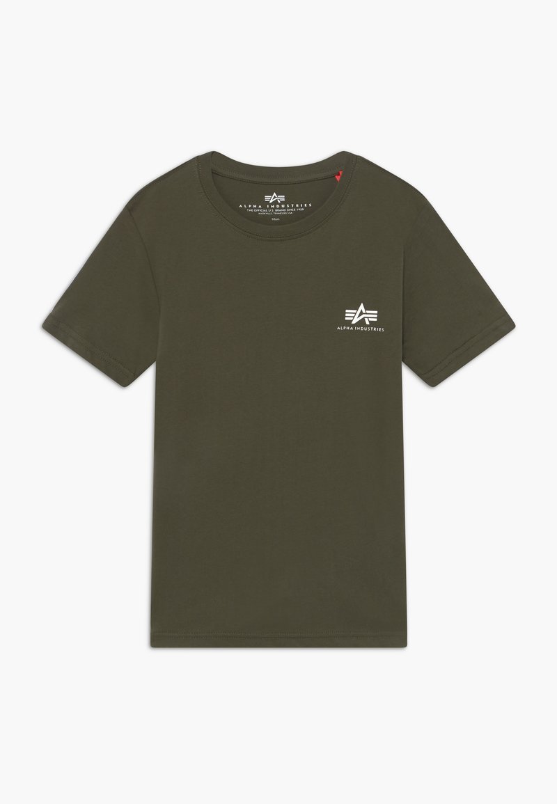Camiseta de algodón verde oliva, de cuello redondo y mangas cortas, con un pequeño logo blanco en el lado izquierdo del pecho y un dobladillo recto.