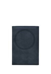 Dark blue leather wallet with a smooth texture, rectangular shape, and visible stitching. Features a subtle circular embossed design.