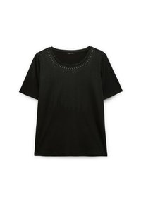 Camiseta negra de manga corta con cuello redondo, que presenta un patrón texturizado con pequeños acentos metálicos en la parte delantera superior.