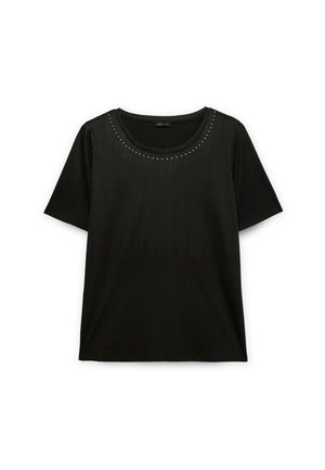 T-shirt nera a maniche corte con scollatura rotonda, caratterizzata da un motivo testurizzato con piccoli accenti metallici sulla parte anteriore superiore.