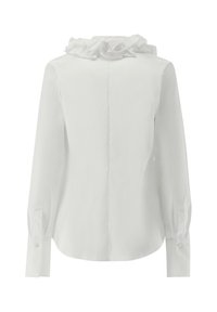 Weißes Langarmshirt mit Rüschendetail am Ausschnitt, glattem Stoff, taillierter Silhouette und knöpfbaren Manschettendetails. Schlichte Rückengestaltung.