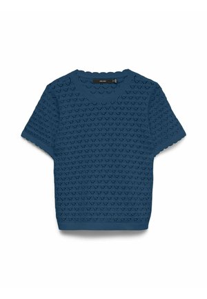 Sinine lühikeste varrukatega kootud särk sakilise servaga ja kogu tootega avatud pitsmustriga.