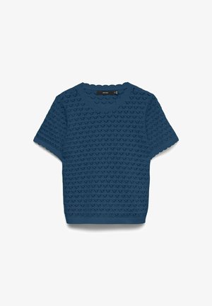 Blaues kurzärmeliges Strickoberteil mit wellenförmigen Kanten und durchgehendem Lochspitzenmuster.