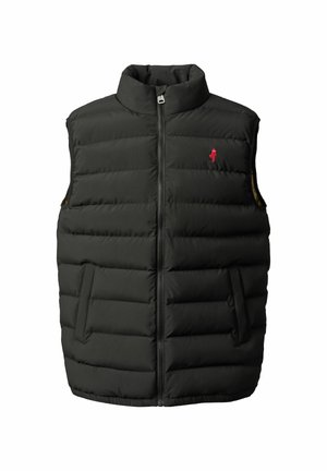Pufová vesta černé barvy s vysokým límcem, zapínáním na zip a dvěma bočními kapsami. Klasický malý červený logotyp na hrudi. Strukturovaný, prošívaný design.