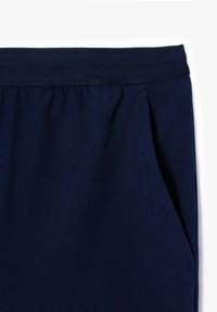 Navy blue jogger pants with an elastic waistband, side pockets, and a smooth texture. Includes fine stitching detail on seams.