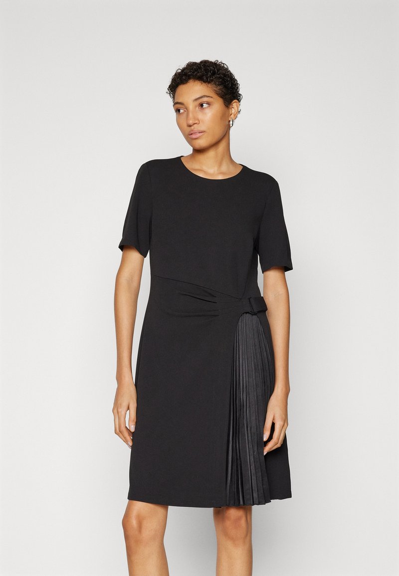 open lace back dress DKNY Womens Blue Pleated Sheer Lined Sleeveless Tie Neck Above The Kne –  Bobbi + Bricka