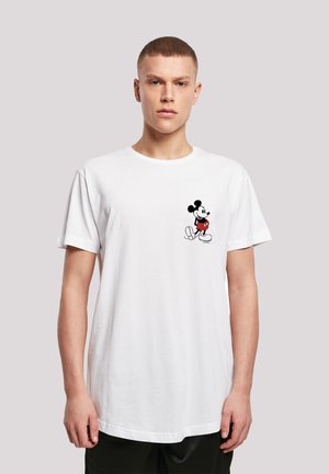 White cotton t-shirt featuring a black and red Mickey Mouse graphic on the left chest. Short sleeves and round neck design.