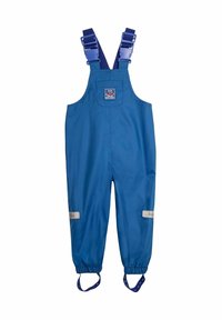 Salopette blu impermeabile con bretelle regolabili, polsini elasticizzati, accenti riflettenti e un logo quadrato sul petto. Tessuto leggero.