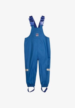 Salopetă impermeabilă albastră, cu bretele ajustabile, manșete elastice, accente reflectorizante și un patch pătrat cu logo pe piept. Material ușor.