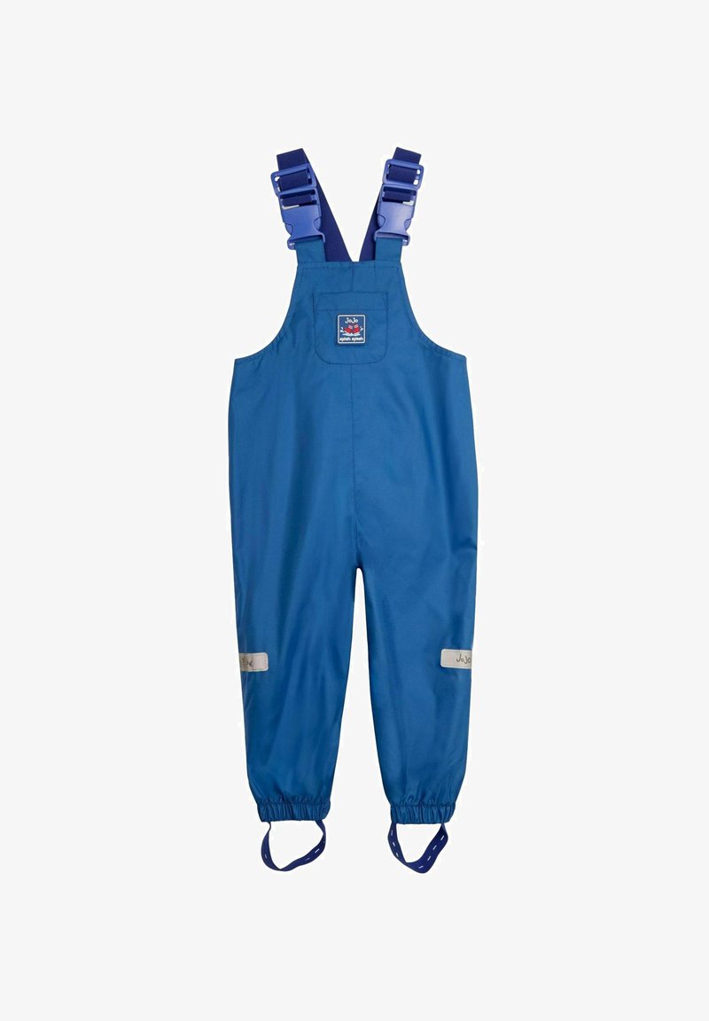 Modra vodoodporna kombinacija z nastavljivimi trakovi, elastičnimi manšeti, reflektivnimi poudarki in kvadratnim logotipom na prsih. Lahka tkanina.