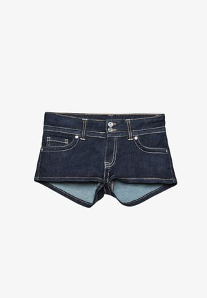 Denim shorts in dark blue with light blue inner lining, featuring front pockets, two buttons, and contrast stitching on the waistband.