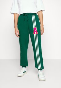 Zelené tepláky s bílými pruhy po stranách. Mají velkou růžovou nášivku ve tvaru "A" na stehně. Elastický pás se šňůrkou pro nastavitelnou velikost.