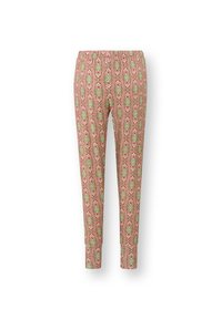 Musterhose aus Baumwolle mit einem pinken Grundton und floral-geometrischen Mustern in Grün und Rot, mit schmal zulaufenden Beinen und elastischem Bund.