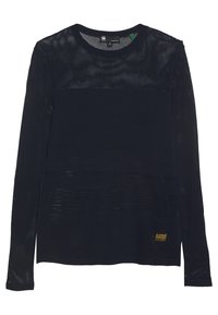 Mörkblå långärmad skjorta i andningsbart mesh-material. Har horisontella randmönster och en liten gul logotyp på den nedre sidan.