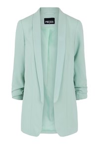 Light mint green blazer with a shawl collar, noted for its smooth fabric, single-button front, and rolled-up sleeves. No fasteners visible.