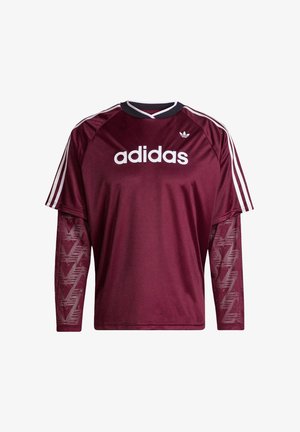 Bluză Maroon Adidas cu mâneci lungi din plasă, logo alb și dungi pe umeri, guler negru și alb, vedere frontală.