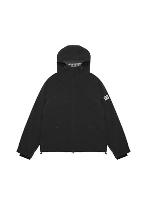 Zwarte hoodiejas met ritssluiting, raglanmouwen en zijzakken. Het interieur heeft een geruit accent. Zachte stoftextuur.