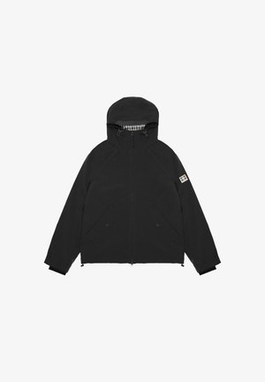 Zwarte hoodiejas met ritssluiting, raglanmouwen en zijzakken. Het interieur heeft een geruit accent. Zachte stoftextuur.