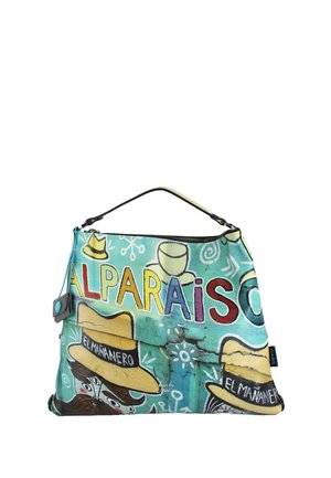 Borsa colorata con illustrazioni di cappelli, un volto con baffi e il testo "AL PARAISO" e "EL MAÑANERO" su sfondo turchese.