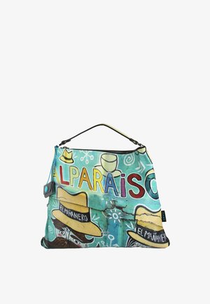 Borsa colorata con illustrazioni di cappelli, un volto con baffi e il testo "AL PARAISO" e "EL MAÑANERO" su sfondo turchese.