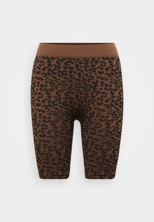 Harmaan leopardikuosiset legginsit, joissa on vartalonmyötäinen malli ja joustava vyötärö. Materiaali on teksturoitu, mikä lisää mukavuutta ja joustavuutta.