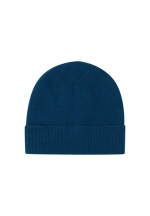 Berretto lavorato a maglia di colore blu scuro, con bordo a costine e una texture del corpo liscia. Design classico con forma superiore arrotondata.