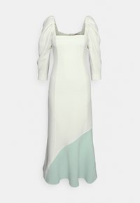 Robe blanche ajustée avec des manches bouffantes, décolleté carré et ourlet asymétrique vert menthe. Tissu lisse avec une silhouette structurée.