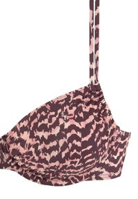 Bh met een donkerbruine en lichtroze abstracte print, gemaakt van een gladde stof, met verstelbare bandjes en geplooide details op de cup.