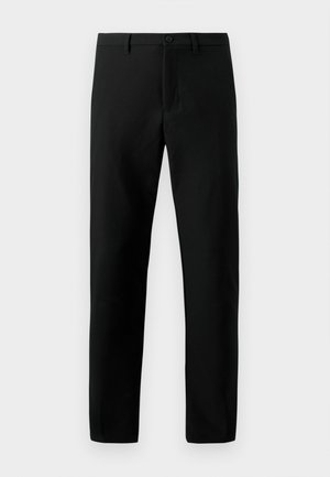 Pantalon noir en tissu lisse, avec fermeture à bouton, coupe droite et sans motifs visibles, avec des lignes épurées.