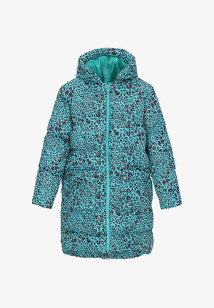 Turkusowa kurtka puchowa z kapturem, ozdobiona czarno-czerwonym wzorem w panterę, z zapięciem na zamek z przodu i pikowaną teksturą dla zapewnienia ciepła.