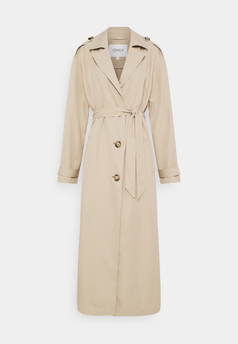 Beige trench coat with a belted waist, long sleeves, and dual front buttons. Features epaulets on shoulders and a straight hem.
