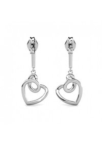 Silberne Tropfenohrringe mit verschlungenen Herzformen und polierter Oberfläche, akzentuiert durch einen dekorativen Stecker an der Oberseite.