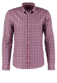 Rood en marineblauw geruite lange mouw shirt met een button-down kraag en witte knopen, met een ruitpatroon en een gebogen zoom.