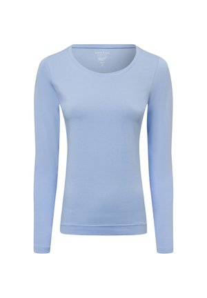 Helliglanzblauses Langarmshirt aus glattem Stoff. Mit rundem Halsausschnitt und taillierter Passform, sauberen Nähten und ohne zusätzliche Muster.