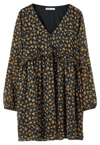 Robe fleurie avec un profond décolleté en V, manches longues bouffantes, fond sombre et fleurs jaunes dispersées avec des accents bleus. Détail taille froncée.