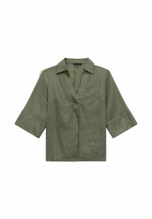 Chemise en lin vert olive avec un col, une ouverture en V à l'avant et des manches larges à mi-longueur. Texture lisse avec un minimum de détails.