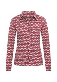 Long-sleeve shirt featuring a red background with a white floral pattern, button front, and a collar. Made from a smooth fabric.